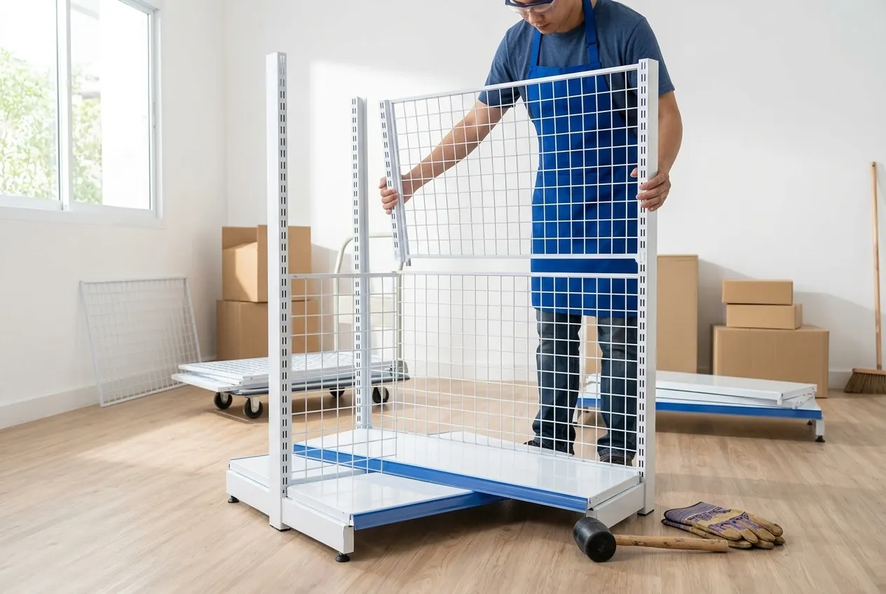 Tự lắp đặt kệ siêu thị lưng lưới tại nhà - cài tấm lưới vào chân trụ