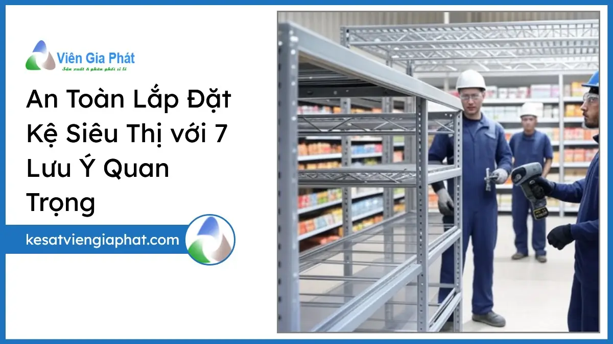 Hình ảnh lắp đặt kệ siêu thị an toàn với nhân viên mặc đồ bảo hộ và kệ sắt chắc chắn, thể hiện hướng dẫn và lưu ý quan trọng.