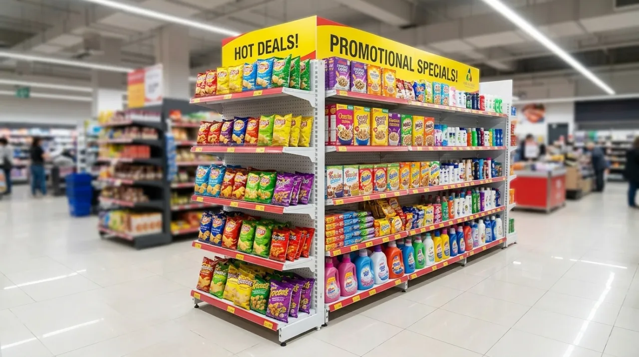 Ụ Trưng Bày Sản Phẩm: Bí Quyết Thiết Kế Ấn Tượng & Tăng Doanh Thu 2 Bàn đảo trưng bày nhiều tầng giữa sàn siêu thị xếp đầy hàng FMCG khuyến mãi