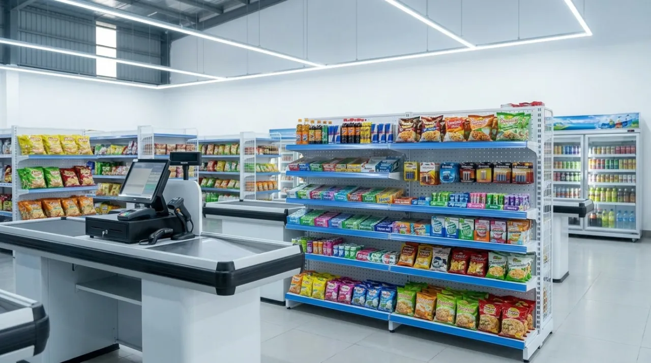 Khu vực thu ngân siêu thị mini với quầy tính tiền POS và kệ trưng bày hàng impulse cạnh quầy