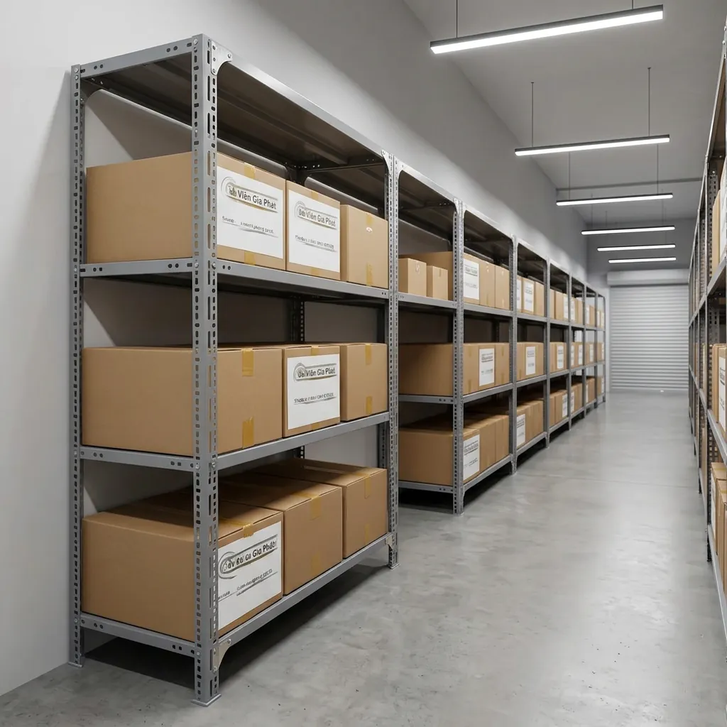 Kệ Sắt Giá Rẻ 2026: Rẻ Thật Hay Bị Cắt Vật Liệu? 3 Dãy kệ sắt giá rẻ xếp trong kho