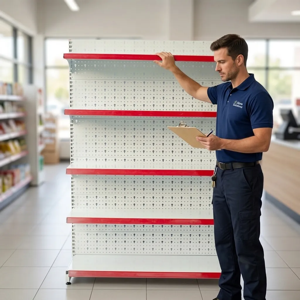 Bảo Trì Kệ Siêu Thị Định Kỳ: Quy Trình A-Z & Checklist 2024 1 Kỹ thuật viên Viên Gia Phát kiểm tra kết cấu kệ siêu thị khi bảo trì định kỳ