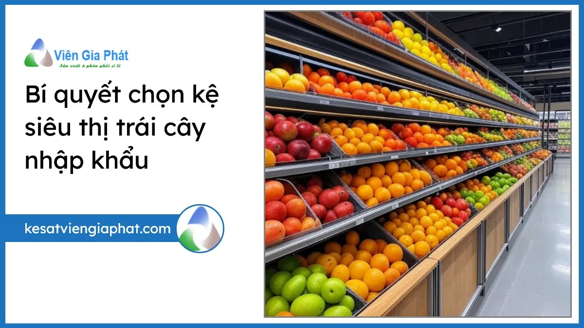 Kệ siêu thị trái cây nhập khẩu hiện đại bằng sắt và gỗ, bày trái cây nhập khẩu tươi ngon, chuyên nghiệp của PT Phúc Thịnh