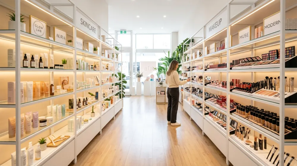 Bố trí kệ trưng bày mỹ phẩm cho shop với hai dãy kệ sắt tạo lối đi