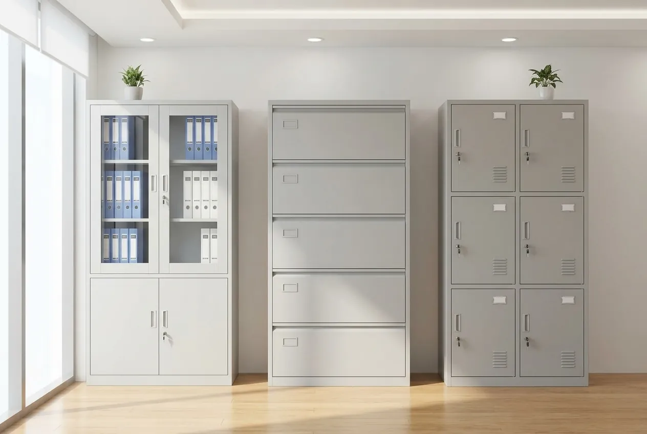 Các dòng tủ hồ sơ sắt Viên Gia Phát: tủ cánh kính, tủ ngăn kéo nhiều tầng và tủ locker chia ô màu ghi xám