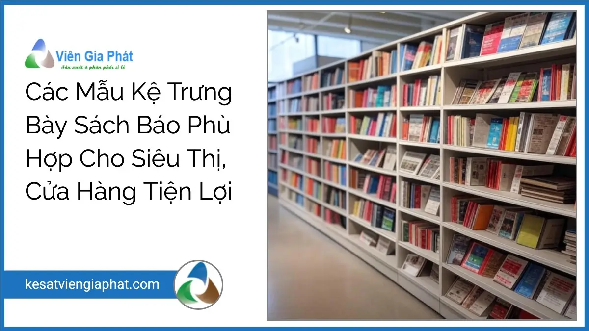 Kệ siêu thị trưng bày sách báo Viên Gia Phát, thiết kế gọn gàng, bền đẹp, phù hợp cửa hàng tiện lợi.