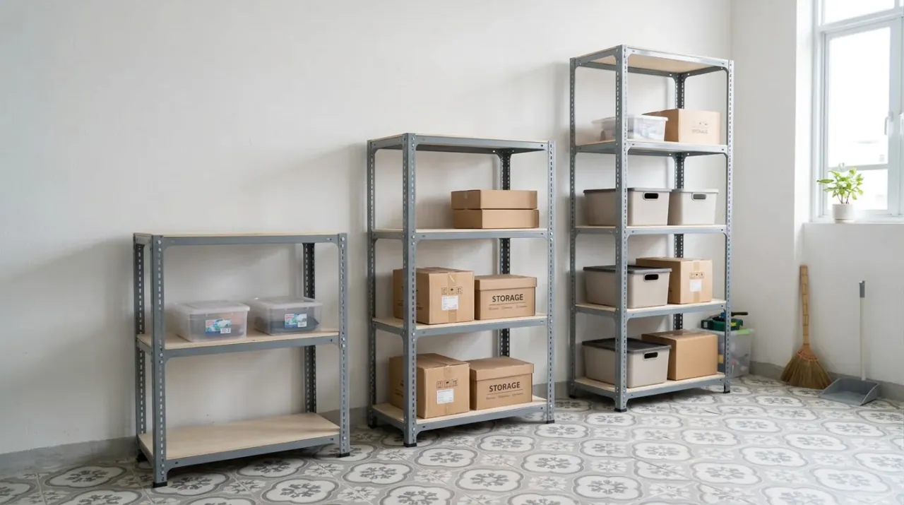So sánh kệ sắt V lỗ 3 tầng, 4 tầng và 5 tầng đặt cạnh nhau khác nhau về chiều cao