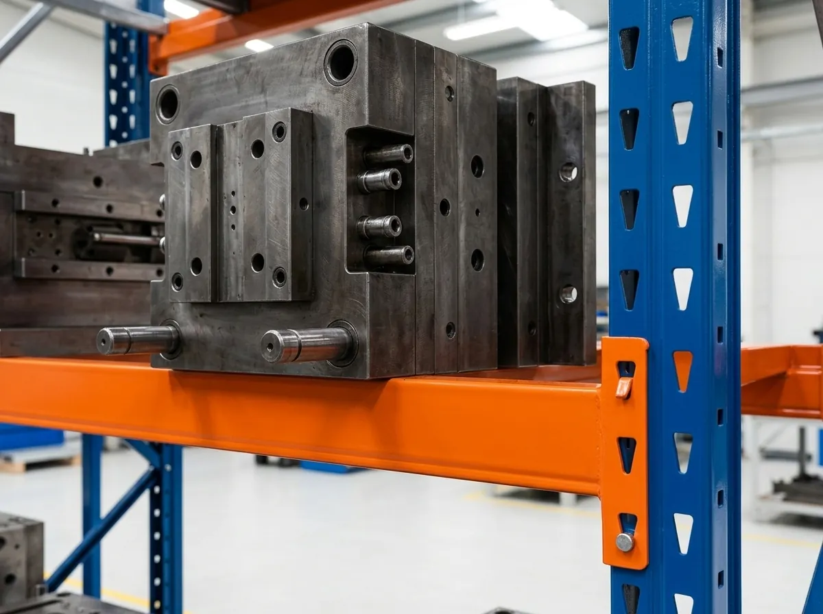Cập Nhật Giá Để Khuôn Mẫu & Giải Pháp Lưu Trữ Hiệu Quả 2 Cận cảnh khuôn mẫu kim loại đặt trên thanh beam kệ trung tải Viên Gia Phát