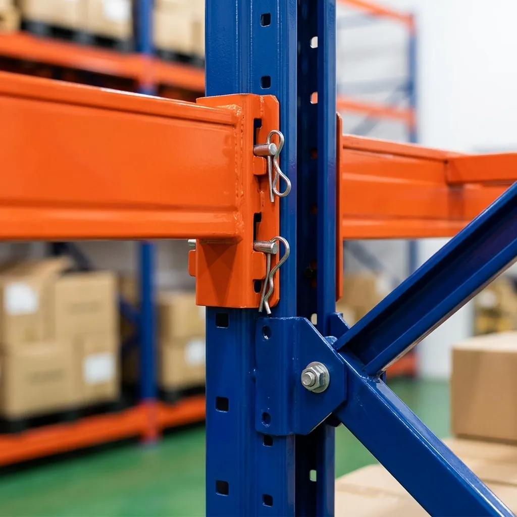 Chi tiết kết cấu kệ công nghiệp Viên Gia Phát: beam hộp cam móc vào chân trụ xanh qua chốt an toàn, có giằng chéo bắt bu lông