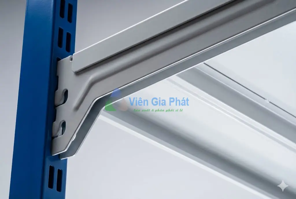Chi tiết kỹ thuật tay đỡ và gân tăng cứng giúp kệ siêu thị VGP chịu tải vượt trội.