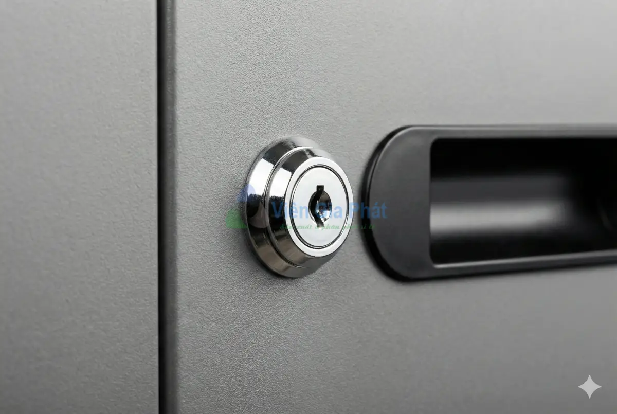 Cận cảnh hệ thống khóa an toàn và tay nắm âm trên tủ sắt dày 0.7mm của Viên Gia Phát.