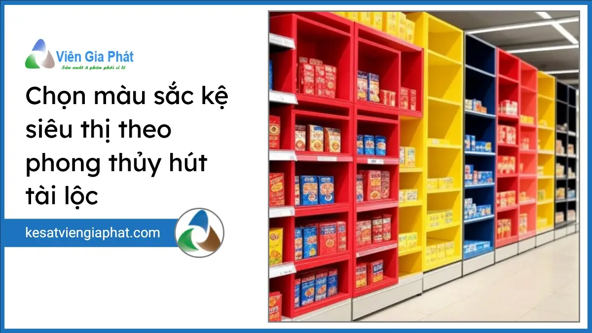 Kệ siêu thị màu sắc theo phong thủy được bố trí hài hòa thu hút tài lộc theo hướng dẫn A-Z của PT Phúc Thịnh.