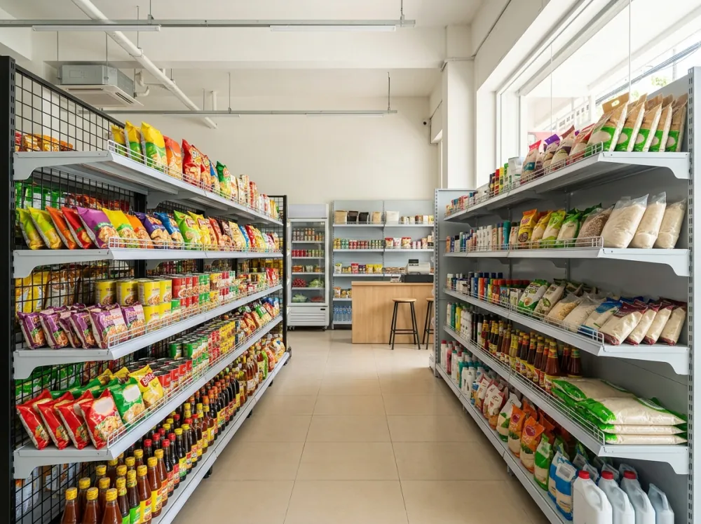 So Sánh Kệ Siêu Thị Lưng Lưới Và Lưng Tôn: Nên Chọn Loại Nào? 4 Bố trí kệ siêu thị lưng lưới và lưng tôn trong cửa hàng minimart