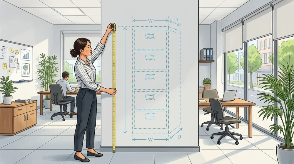 Kích Thước Tủ Hồ Sơ Sắt Tiêu Chuẩn 2026: Tủ Cao, Locker & Ngăn Kéo 3 Minh họa cách đo không gian tường để chọn kích thước tủ hồ sơ phù hợp