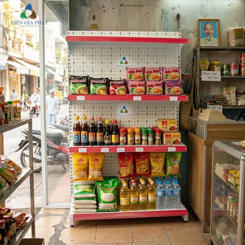 Kệ Sắt Bình Dương – Đồng Nai: Giao & Lắp Từ Xưởng Bình Chánh 4 Kệ siêu thị lắp cho cửa hàng tạp hóa tại Đồng Nai