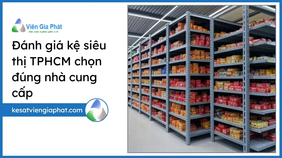 Kệ siêu thị TPHCM chất lượng cao được sắp xếp gọn gàng trong không gian kho hiện đại