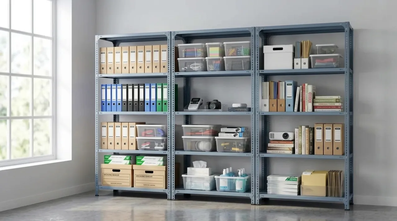 Giá để phụ kiện bằng kệ V lỗ trong văn phòng đựng hộp hồ sơ, tài liệu và văn phòng phẩm