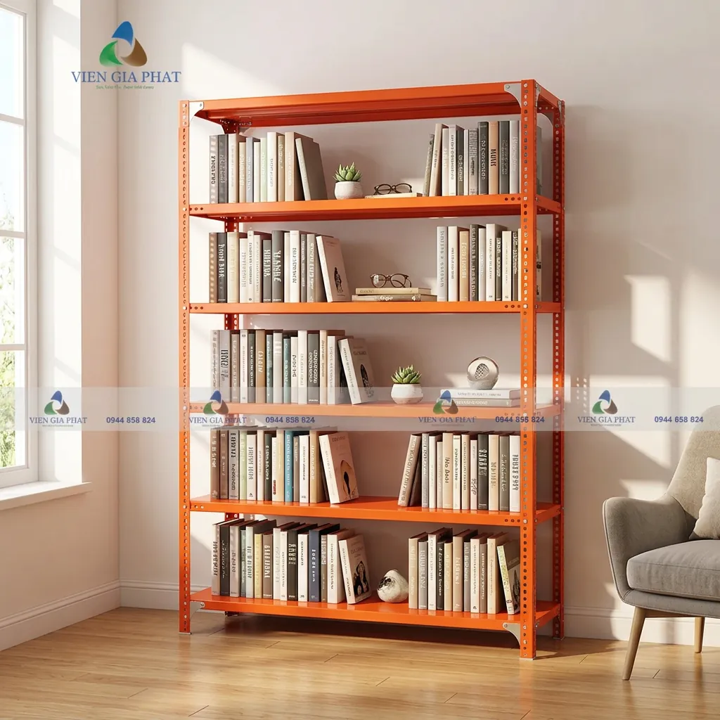 Kệ sách bằng sắt V lỗ 5 tầng đứng sát tường phòng đọc, xếp đầy sách và vài món trang trí nhỏ
