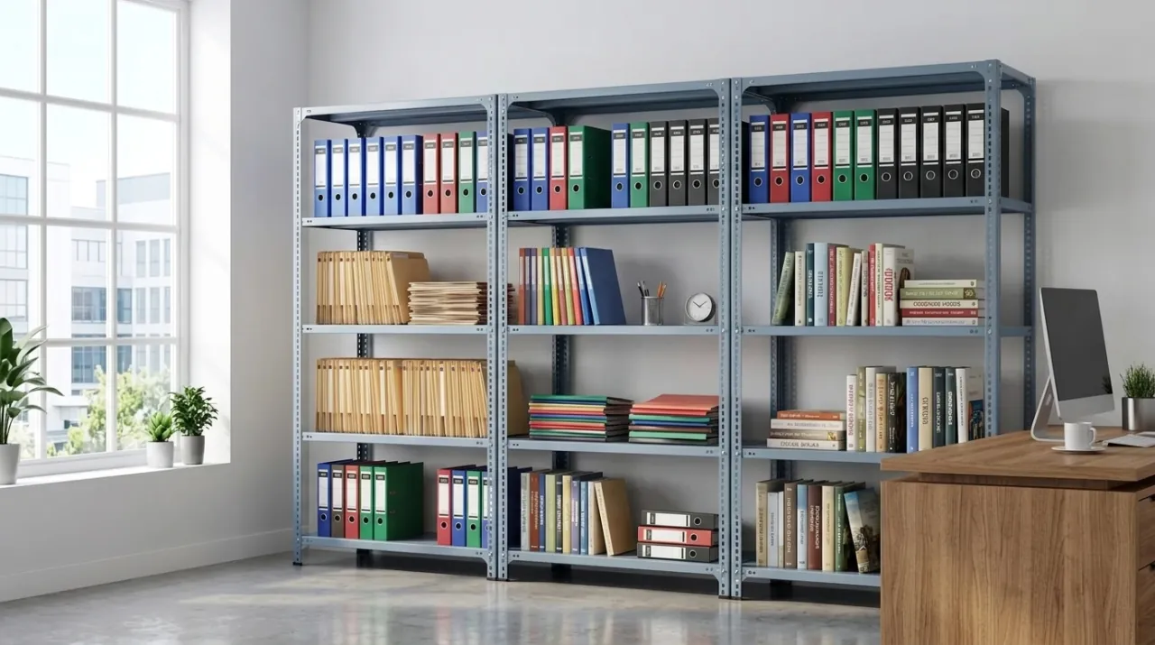 Giá Để Sách Bằng Sắt: Bền Đẹp, Hiện Đại & Báo Giá Tốt 1 Giá để sách bằng sắt V lỗ lắp ghép trong văn phòng, xếp đầy hồ sơ tài liệu và sách bên bàn làm việc