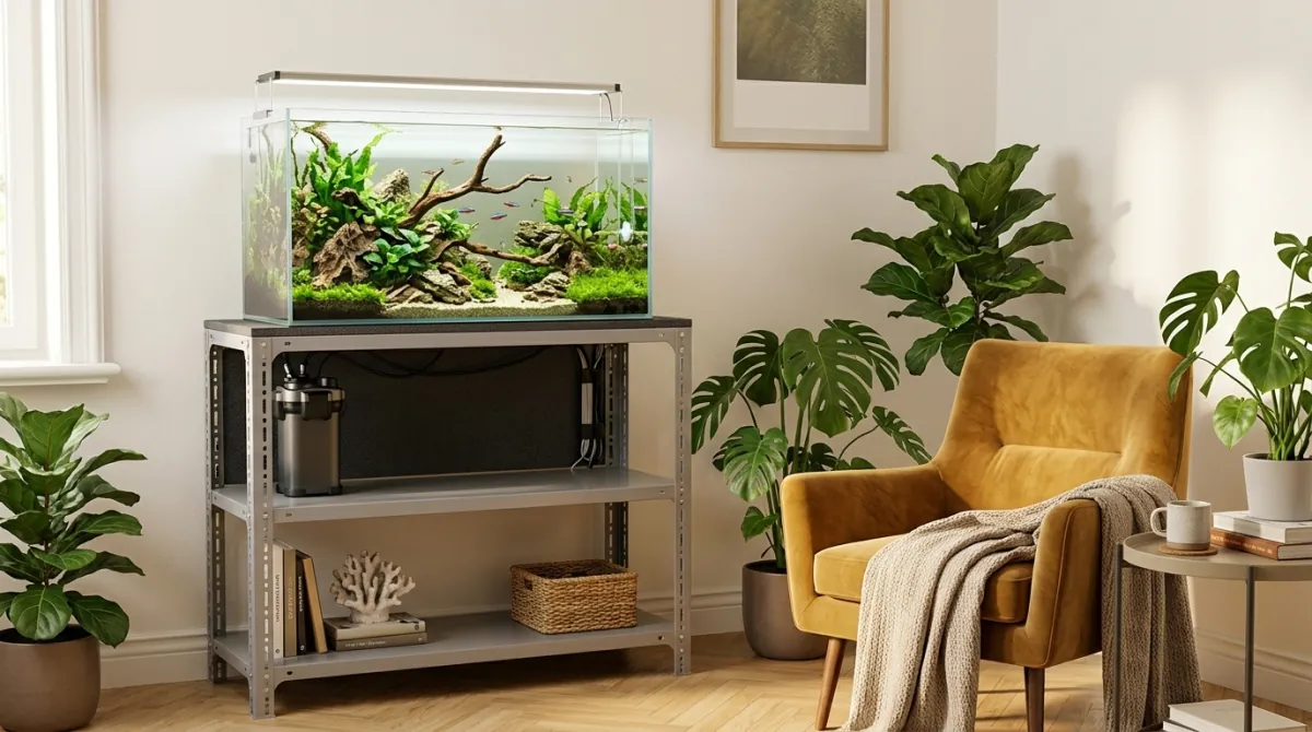 Góc thư giãn với hồ cá thủy sinh đặt trên kệ sắt V lỗ, kèm ghế đọc sách và cây xanh
