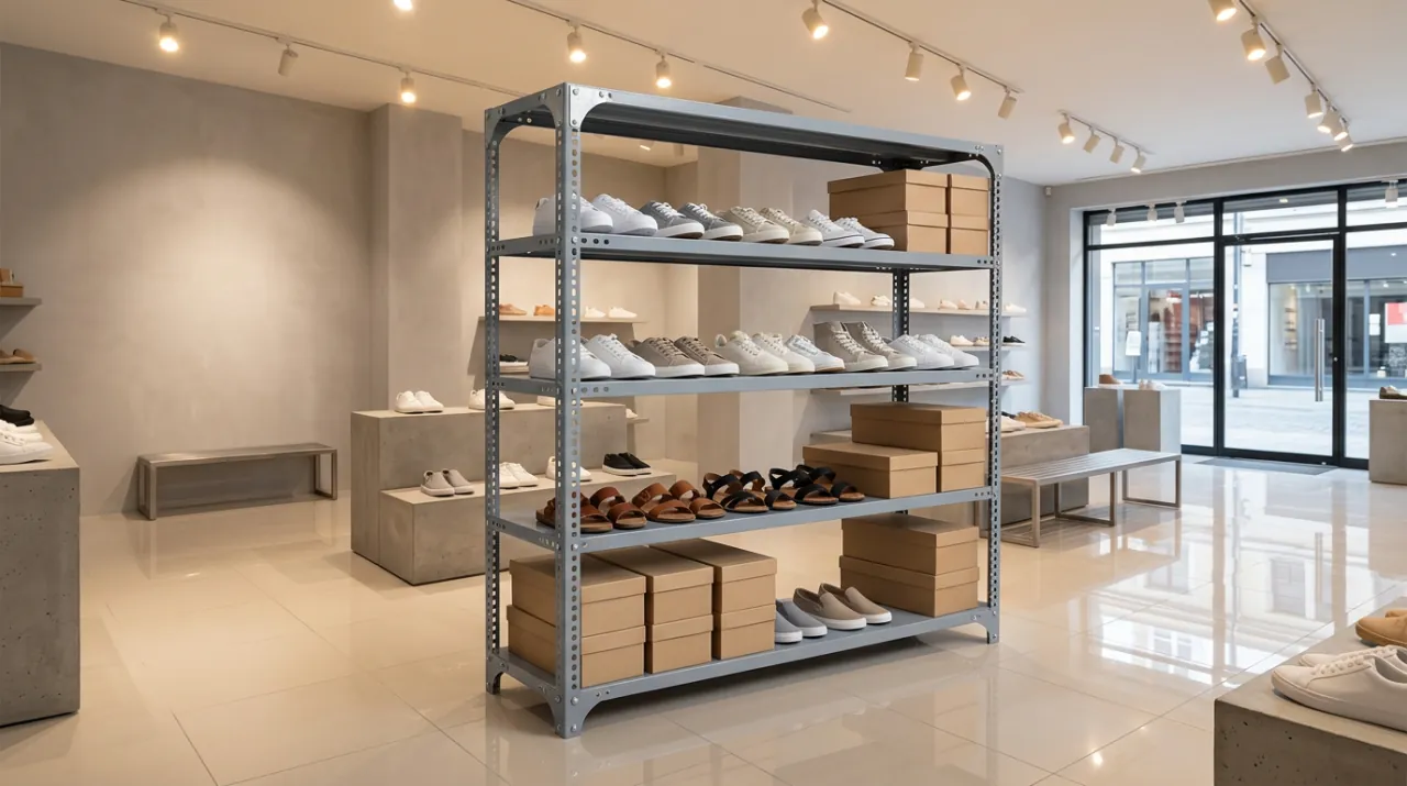 Kệ để giày dép bằng sắt V lỗ đặt trong shop giày, xếp giày và hộp giày theo tầng