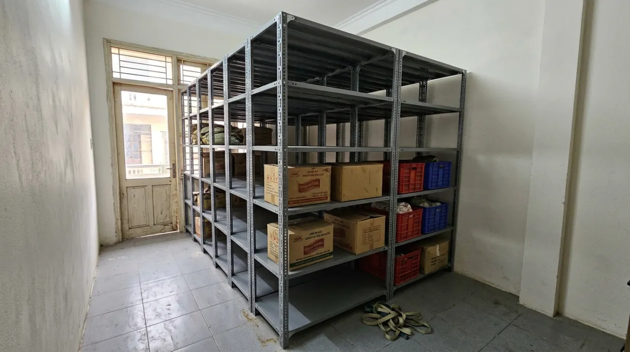 Kệ Sắt Để Hàng Tại Hà Nội: Bảng Giá 2026 & Giao Lắp Tận Nơi 2 Kệ sắt để hàng V lỗ lắp trong phòng kho nhà phố tại Hà Nội