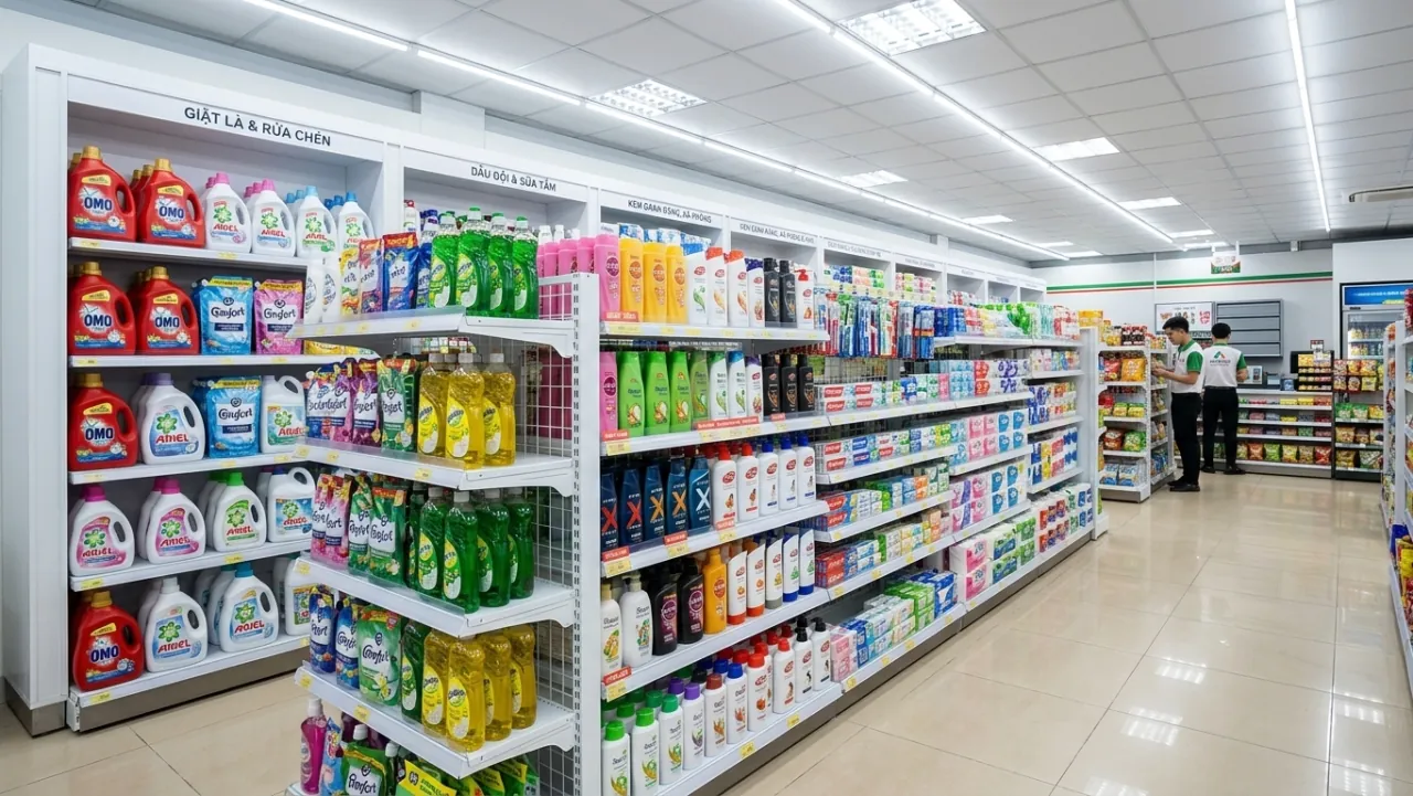 Khu hóa mỹ phẩm minimart phân khu theo nhóm ngành hàng giặt rửa, dầu gội sữa tắm, chăm sóc răng miệng trên kệ sắt sơn tĩnh điện trắng