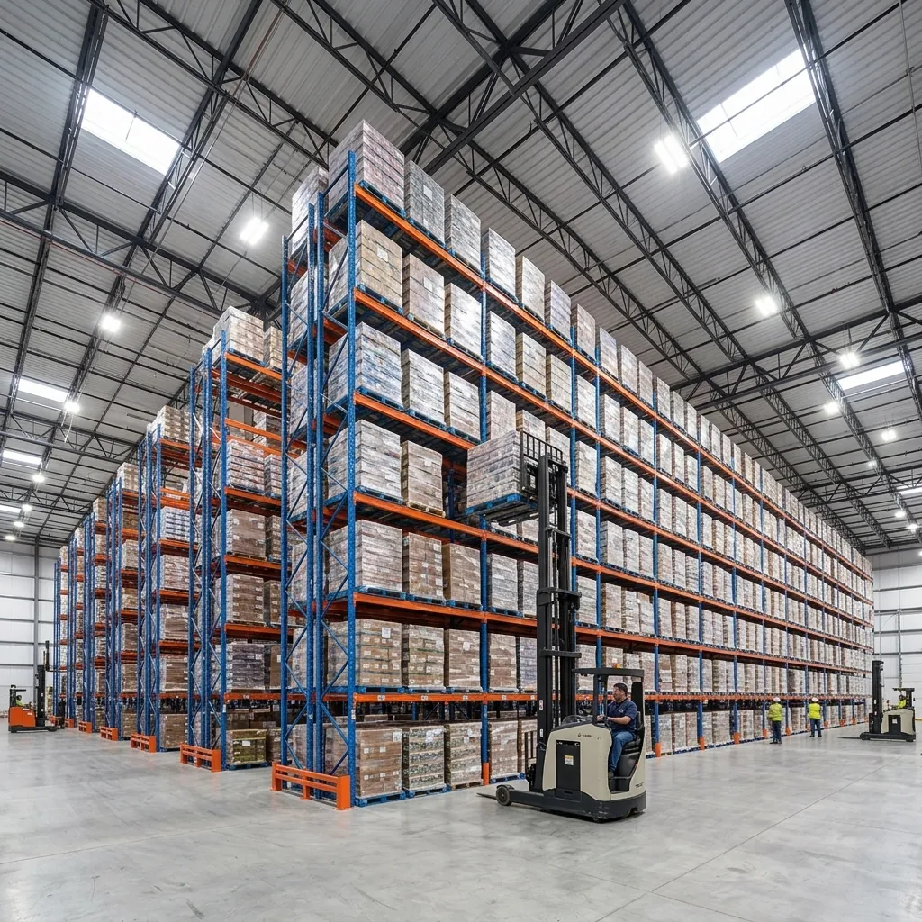 Kệ công nghiệp cao tầng trong kho logistics 3PL của Viên Gia Phát, pallet xếp sát mái, xe nâng reach truck làm việc trong lối đi