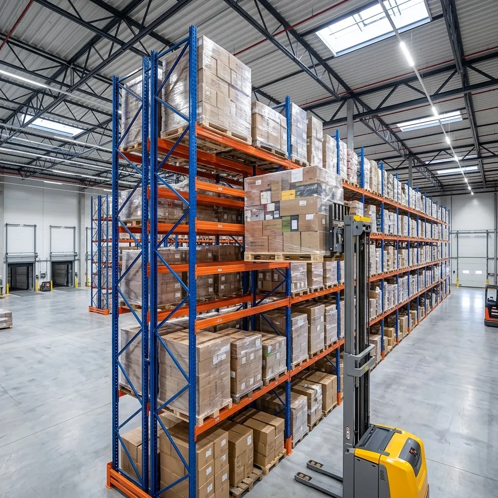Hệ kệ công nghiệp tải nặng khung xanh beam cam của Viên Gia Phát trong kho hiện đại, xe nâng đang xếp pallet lên tầng cao