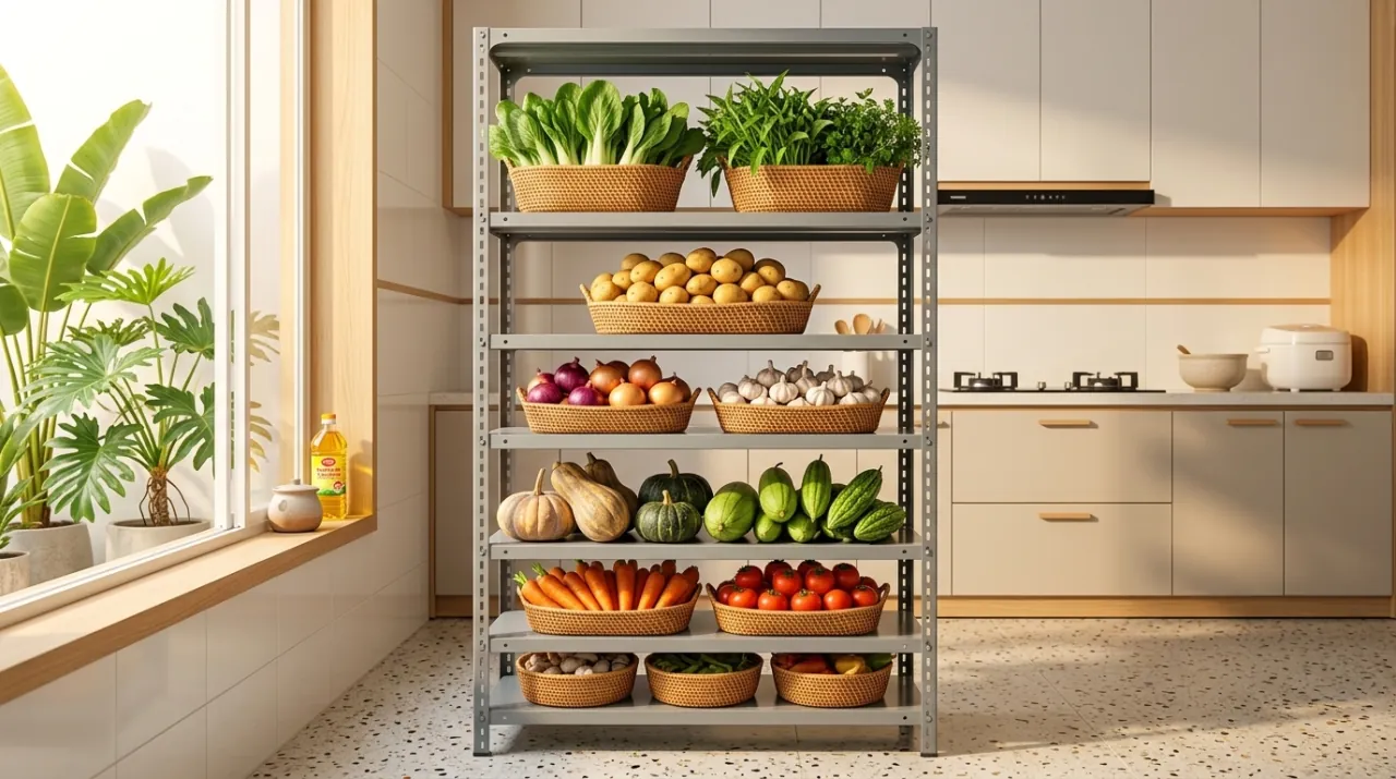 Kệ sắt V lỗ đa năng dùng làm kệ đựng rau củ quả trong bếp gia đình, xếp khoai, hành, bí và rau xanh theo nhóm