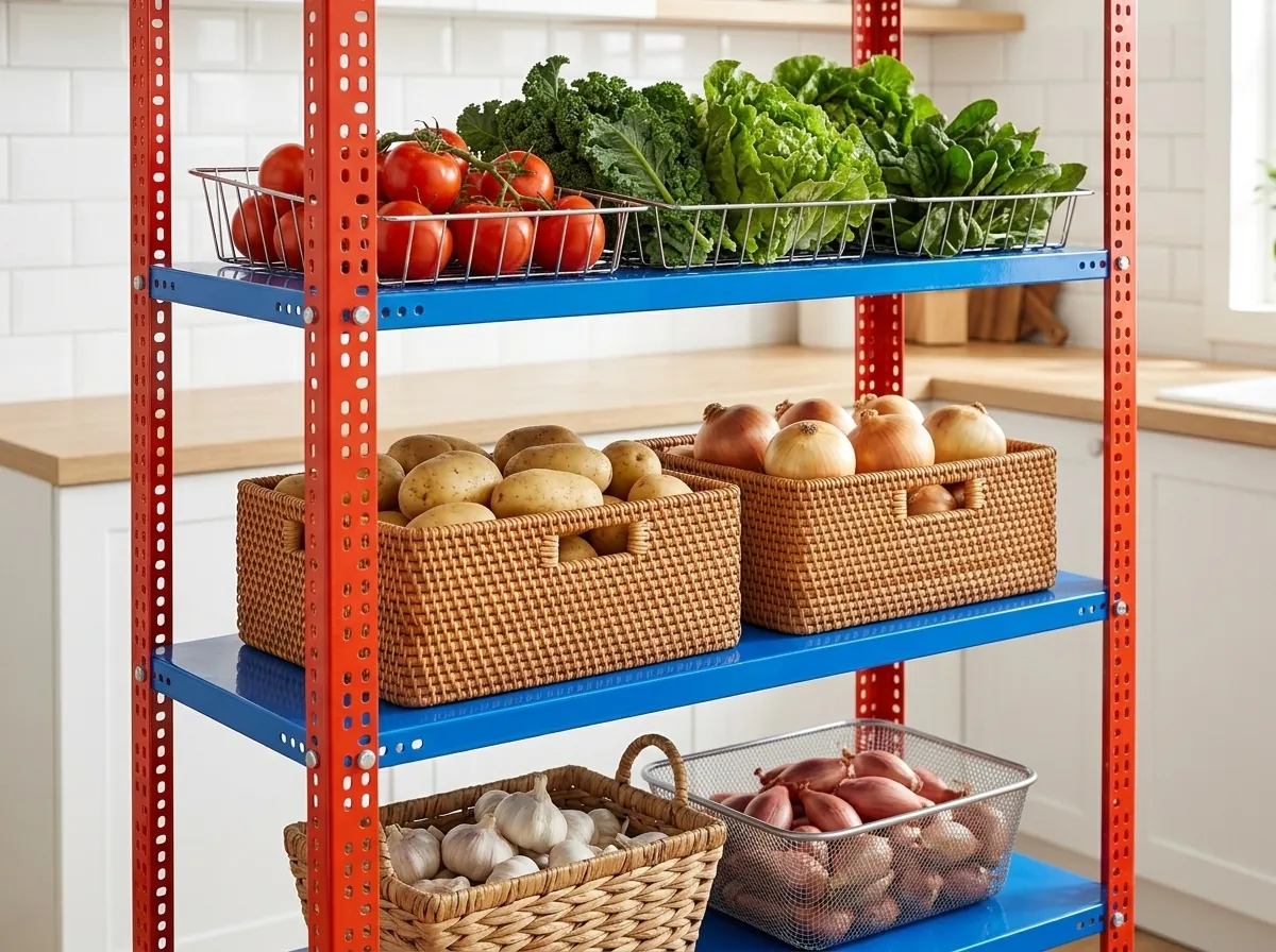Cận cảnh rau củ phân loại trong các rổ riêng trên tầng kệ sắt V lỗ, có khoảng hở cho không khí lưu thông