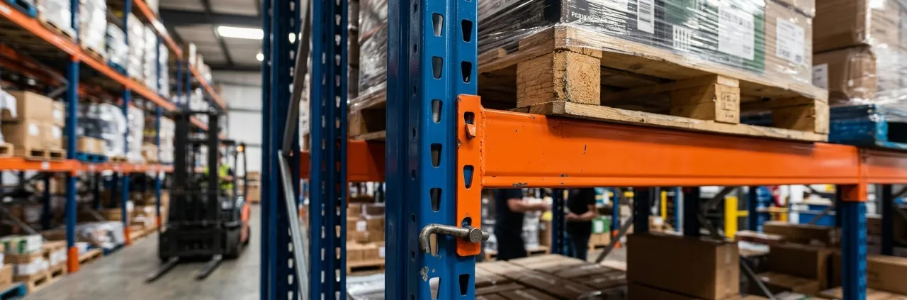 Cận cảnh kết cấu cột thép và thanh beam chịu tải của kệ kho hàng nặng đỡ pallet