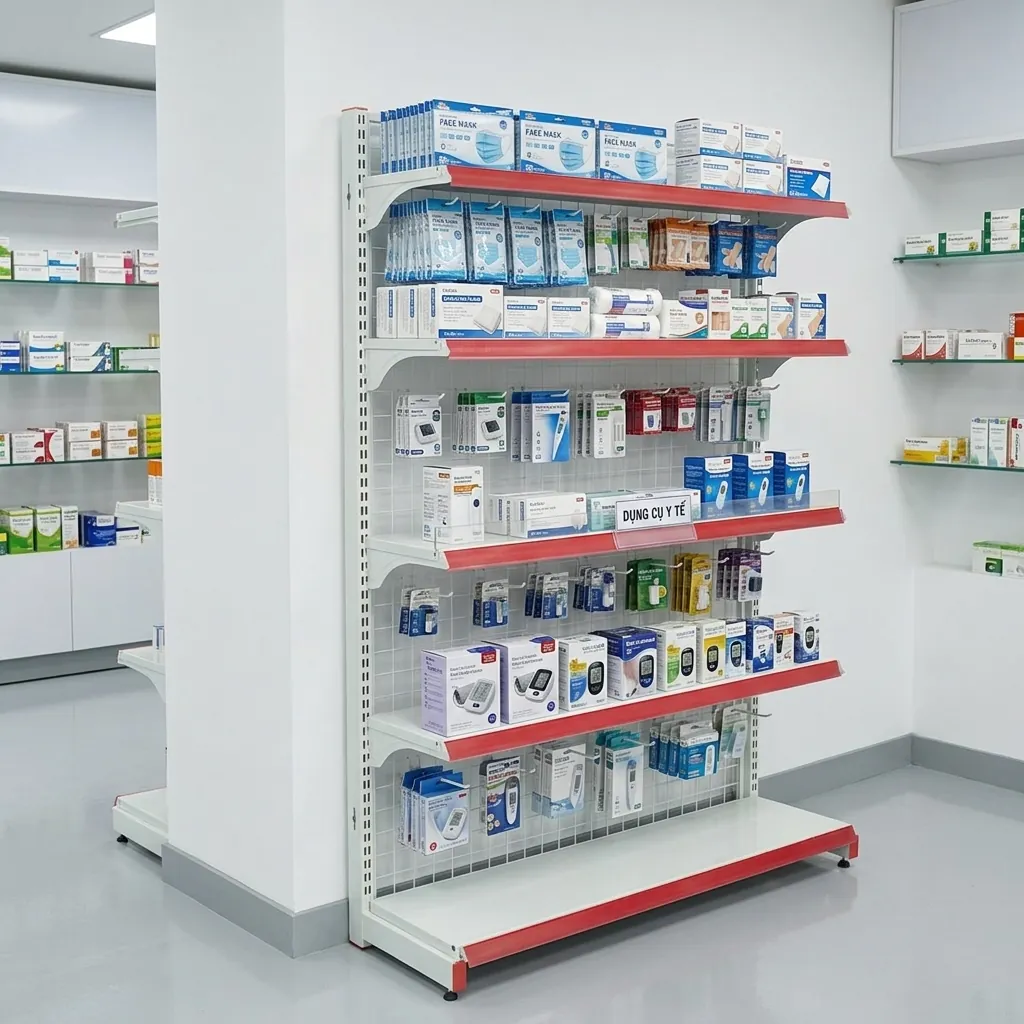 Kệ siêu thị lưng lưới có móc treo trưng bày khẩu trang, vật tư y tế tại nhà thuốc