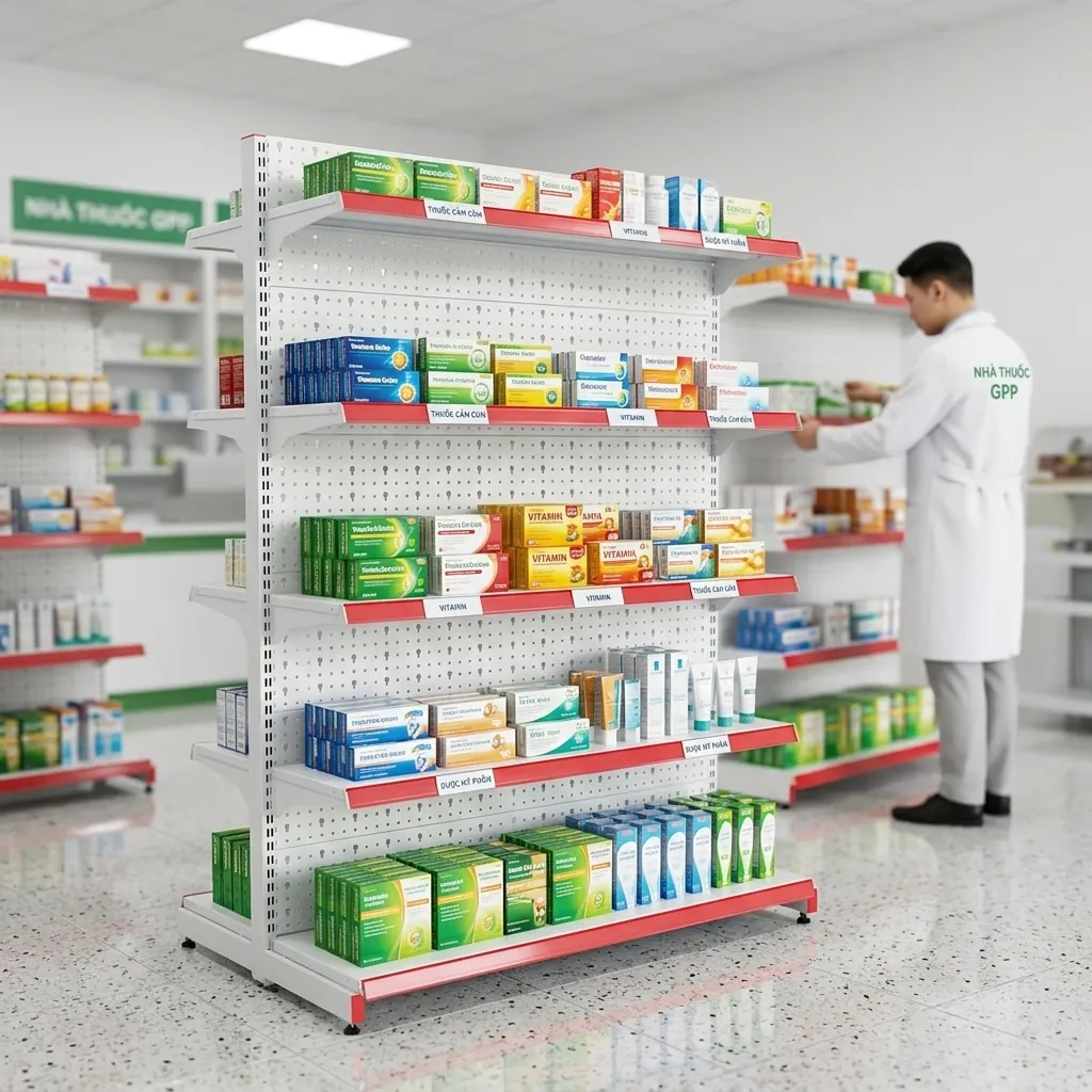 Kệ siêu thị lưng tôn trưng bày thuốc trong nhà thuốc đạt chuẩn GPP