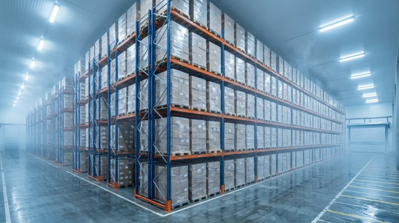 Kệ pallet trong kho lạnh, hàng đóng thùng bọc màng xếp trên pallet, hơi lạnh và sàn đọng nước