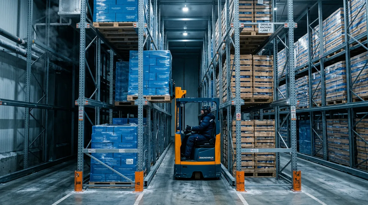 Hệ kệ pallet drive-in, xe nâng chạy vào lòng kệ để xếp pallet, chứa hàng mật độ cao