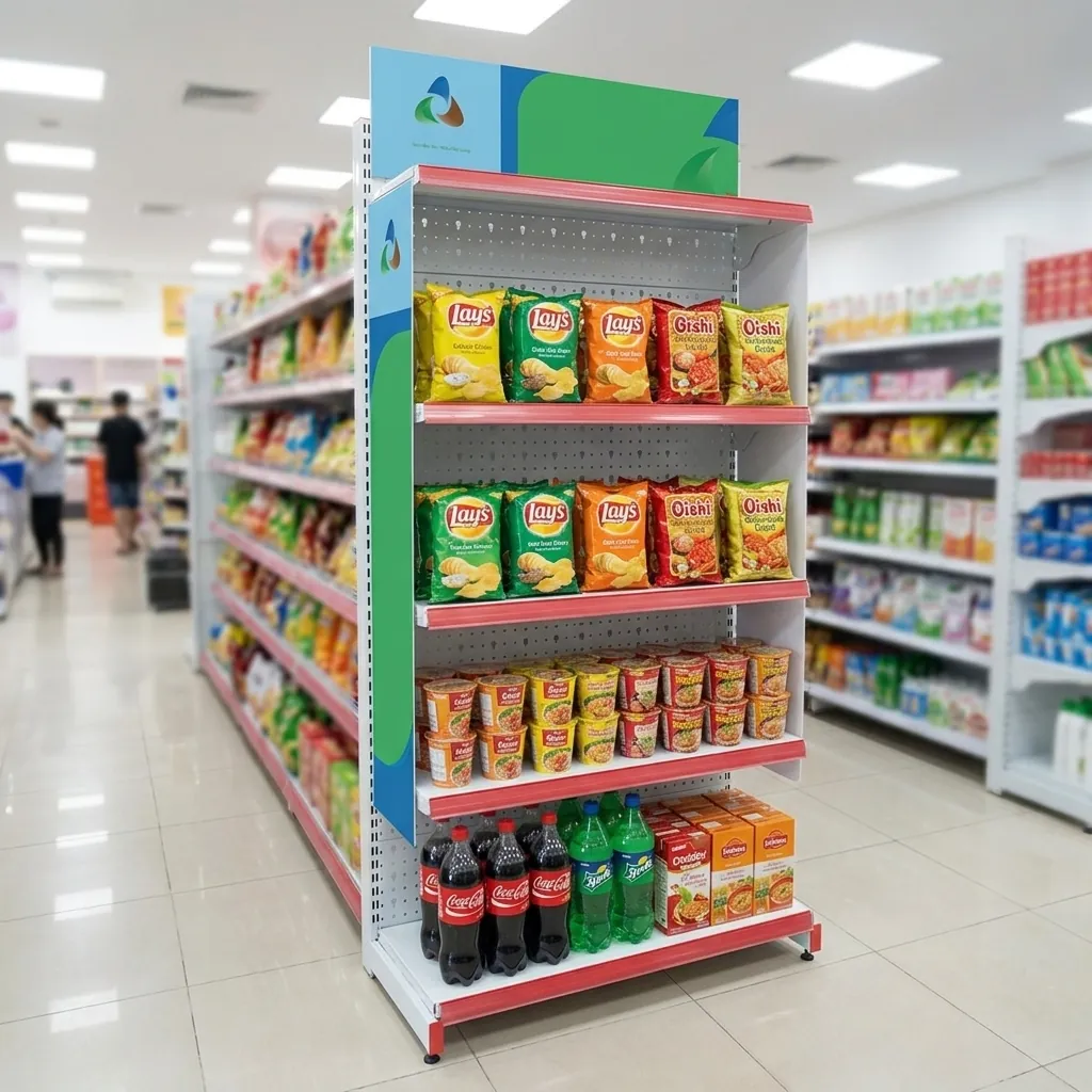 Kệ quảng cáo đầu dãy siêu thị có khung biển thương hiệu, xếp đầy hàng FMCG