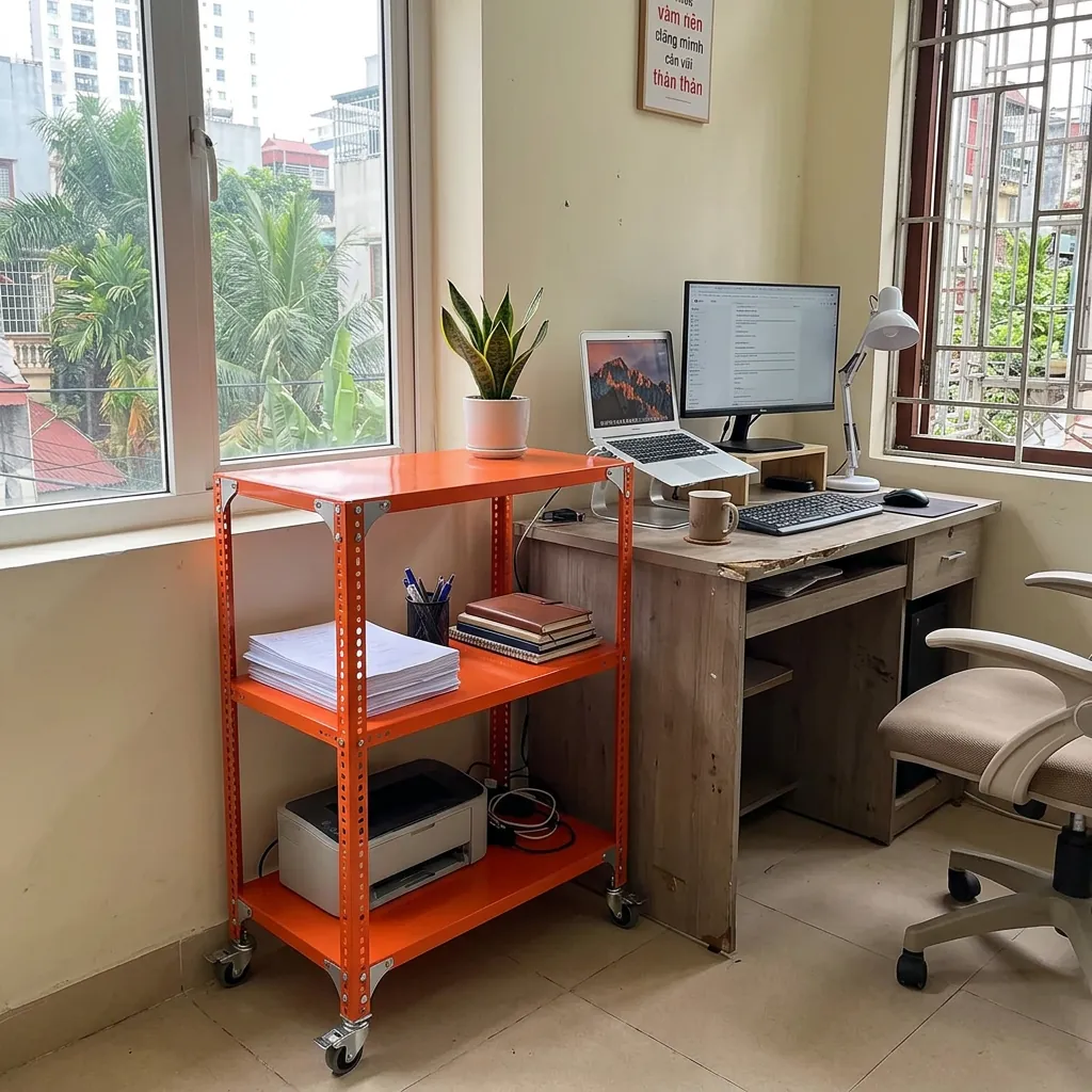 Kệ Sắt 2 Tầng: V Lỗ Mini, Có Bánh Xe & Trung Tải + Giá 2026 4 Kệ sắt 2 tầng có bánh xe đặt cạnh bàn làm việc