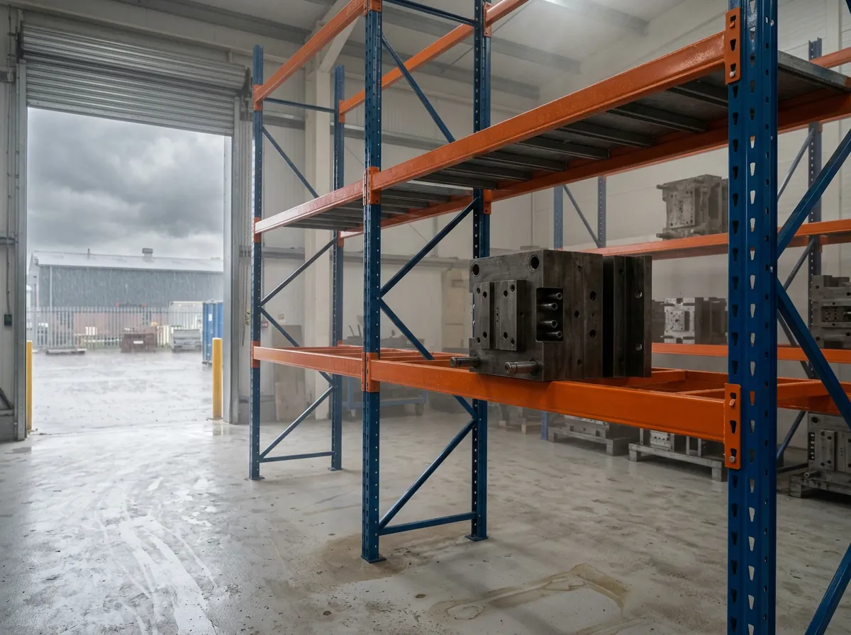 Kệ Sắt Sơn Tĩnh Điện: Quy Trình 4 Bước, Độ Bền & Cách Phân Biệt Sơn Thường 5 Kệ trung tải sơn tĩnh điện đặt trong kho ẩm gần cửa cuốn ngày mưa