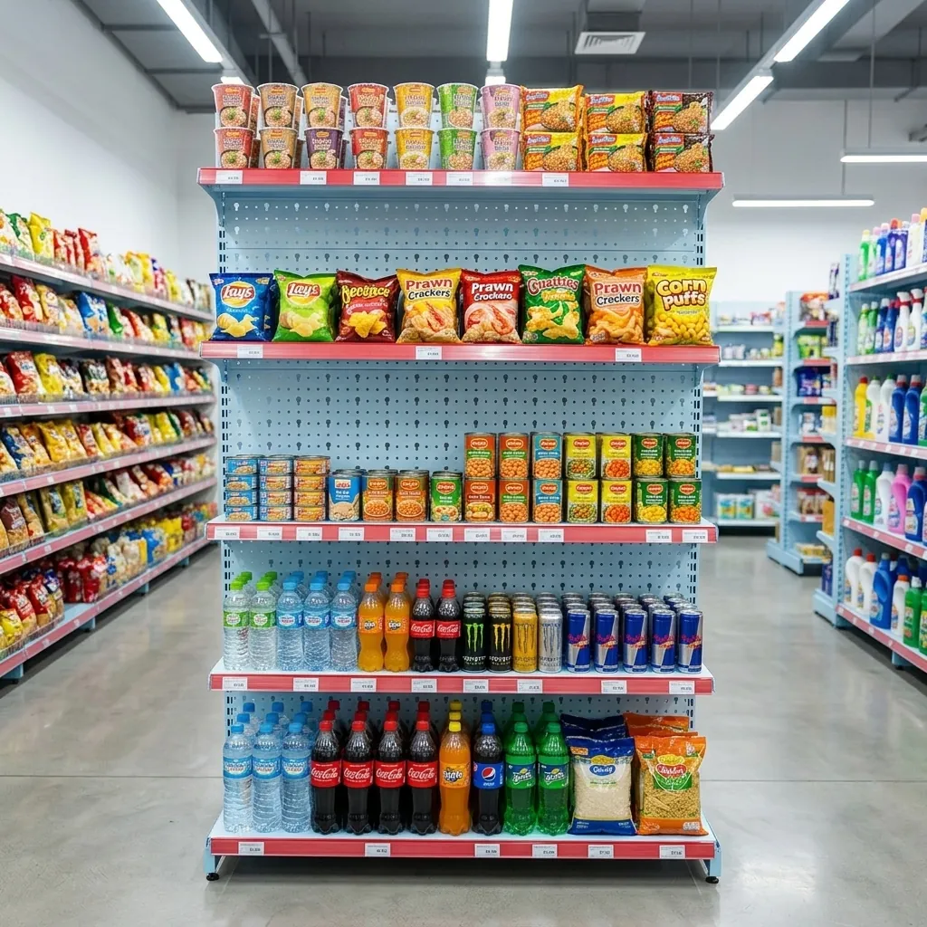 Kệ siêu thị sắt sơn tĩnh điện Viên Gia Phát trưng bày hàng khô FMCG trong minimart sáng sạch