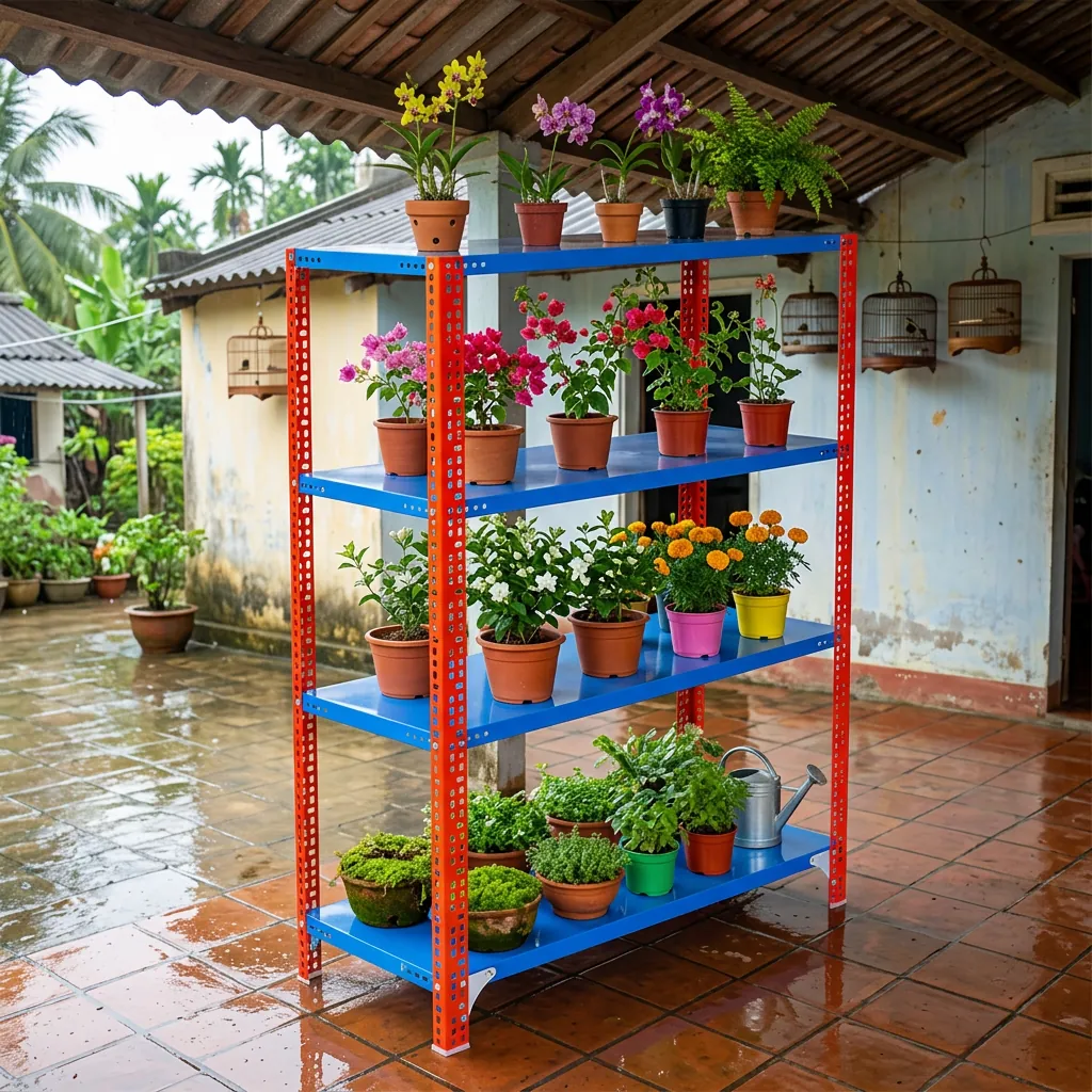 Kệ sắt 4 tầng nhiều màu để chậu hoa ở hiên nhà