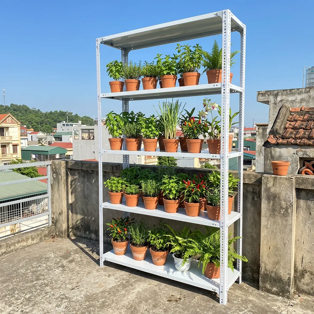 Kệ sắt 5 tầng để chậu cây trên sân thượng