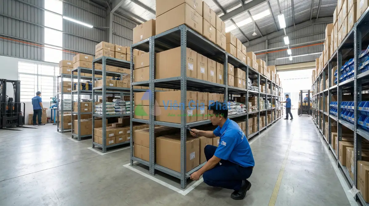 Hệ thống kho hàng sử dụng kệ sắt V lỗ đa năng do Viên Gia Phát trực tiếp sản xuất và lắp đặt tại TPHCM