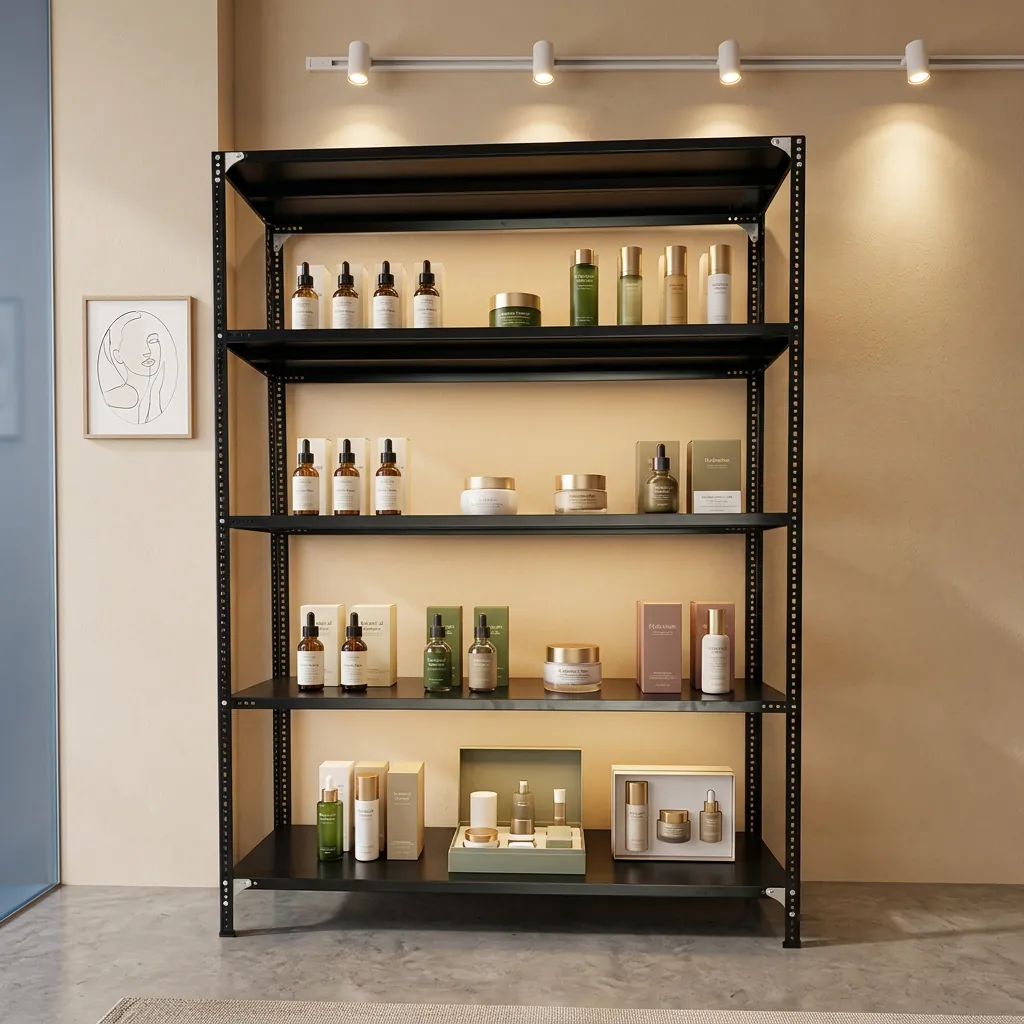 Kệ V lỗ màu đen trưng bày sản phẩm mỹ phẩm trong cửa hàng skincare