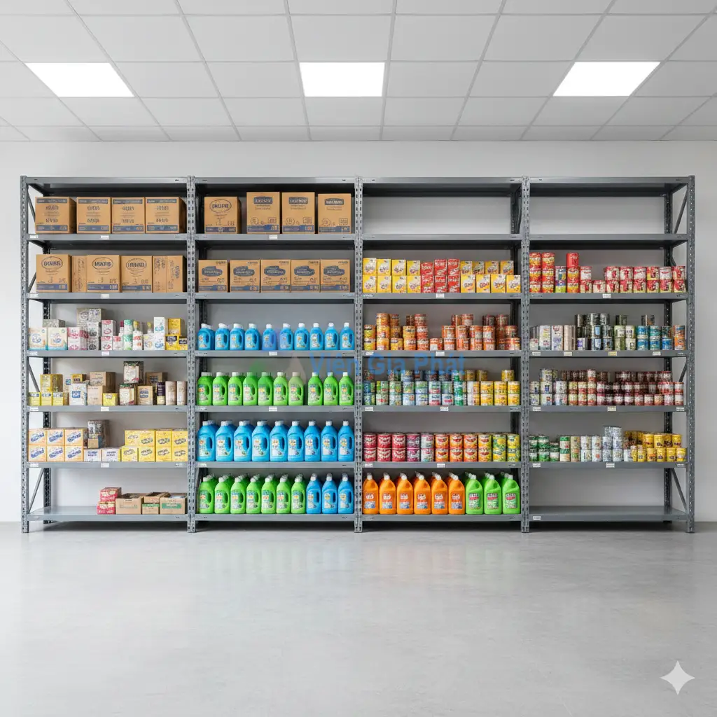 Kệ sắt V lỗ Viên Gia Phát giúp tối ưu không gian trưng bày cho cửa hàng tạp hóa, chịu tải tốt các loại hàng nặng như sữa, dầu ăn.