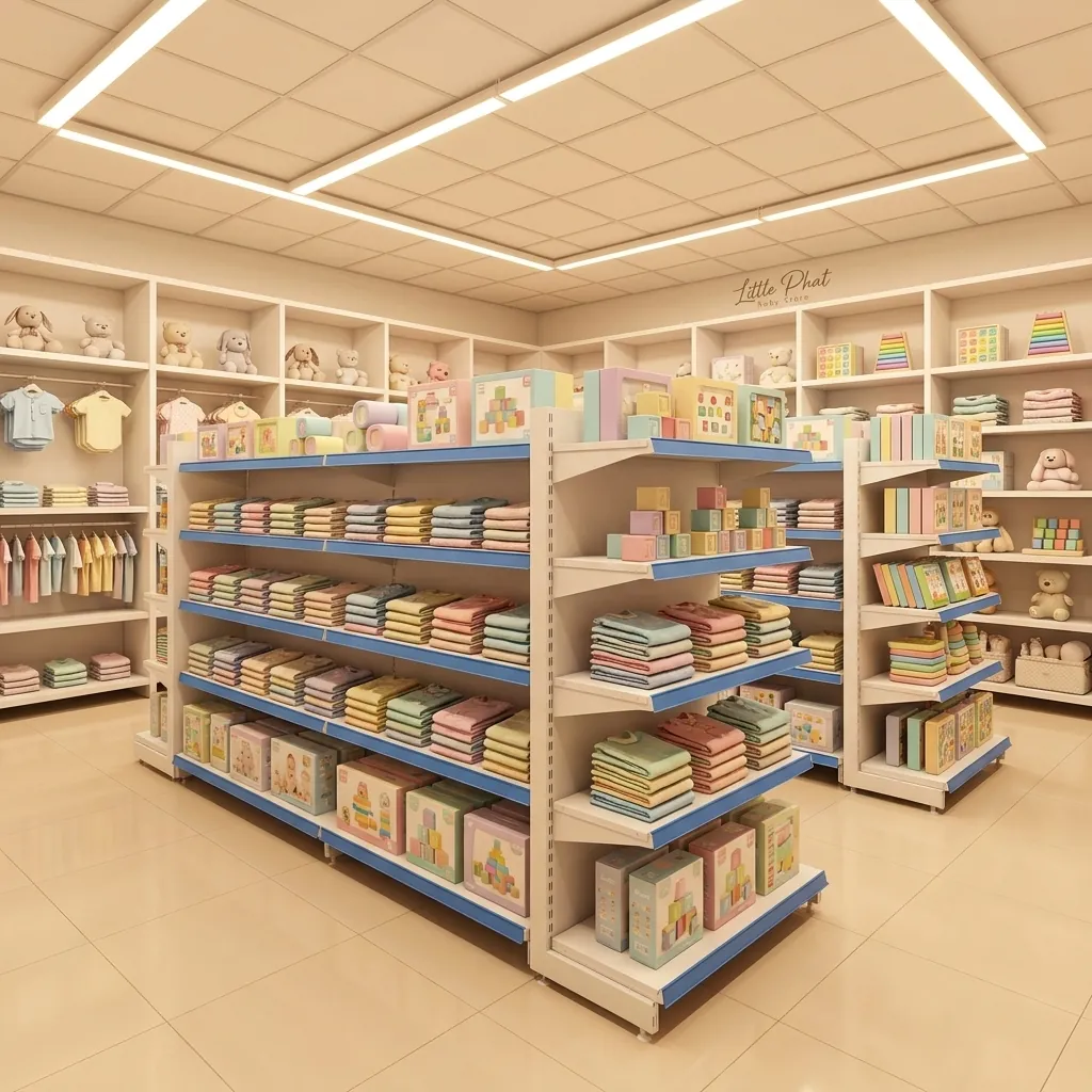 Kệ siêu thị Viên Gia Phát trưng bày quần áo và đồ chơi trẻ em trong shop mẹ và bé