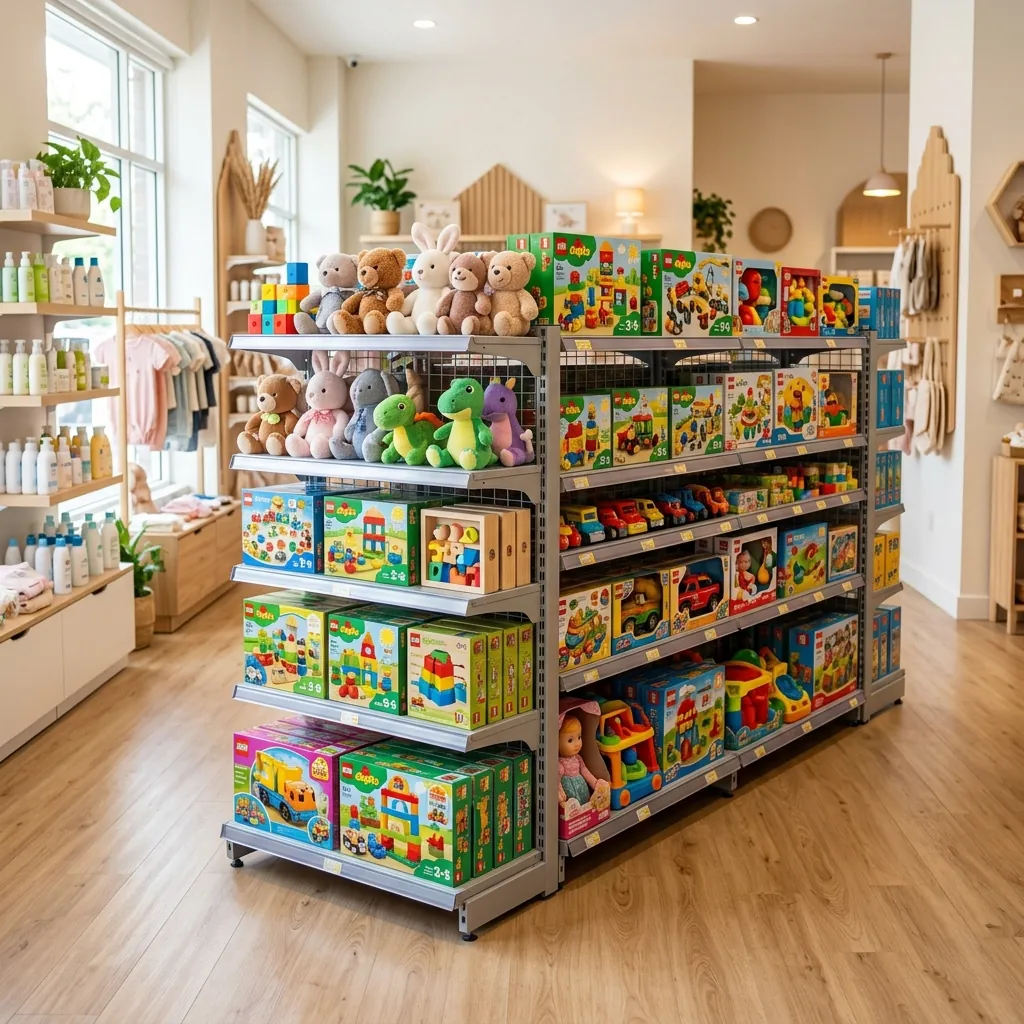 Kệ đôi giữa nhà trưng bày đồ chơi trẻ em hai mặt trong shop mẹ và bé