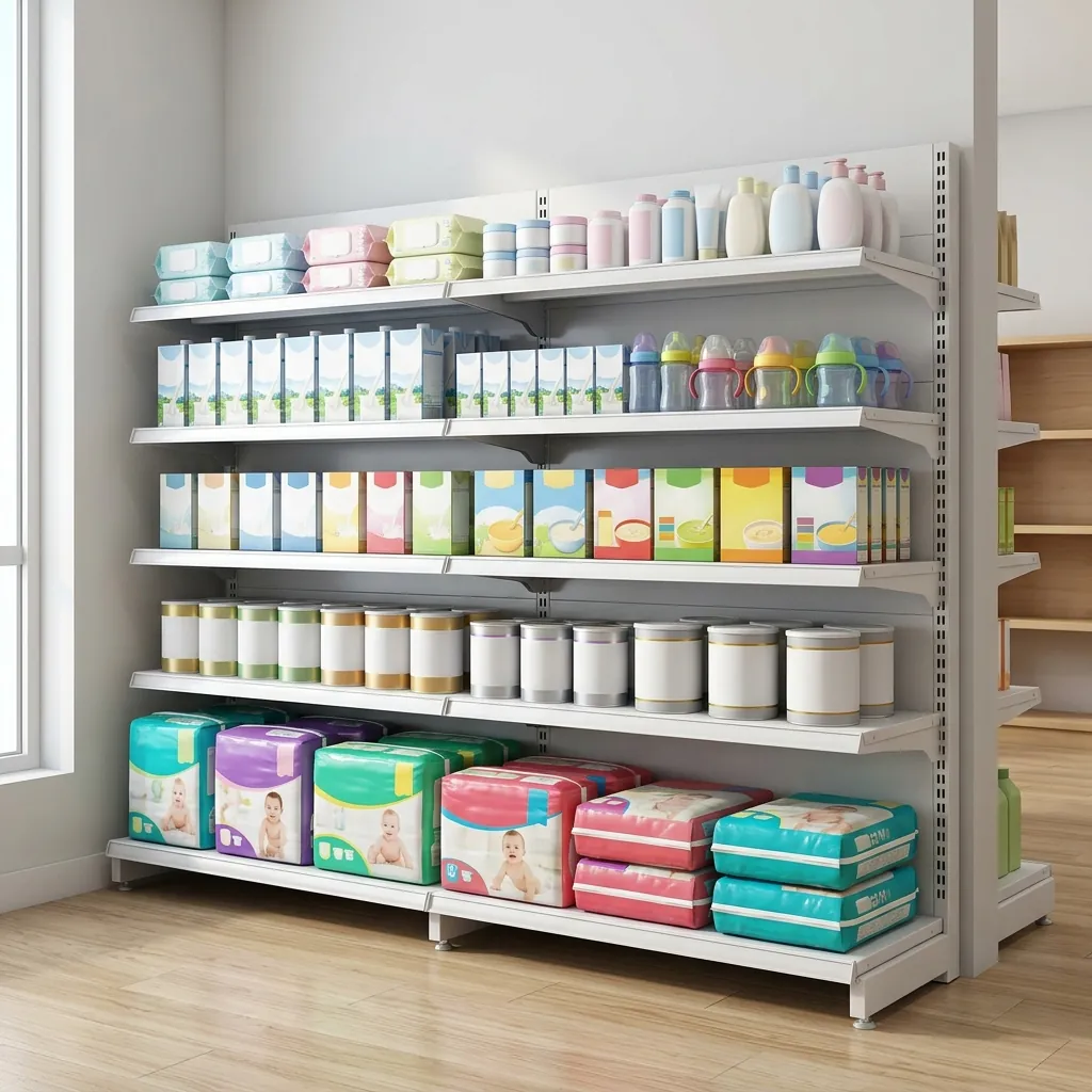 Kệ đơn áp tường tầng thấp trưng bày đồ sơ sinh trong shop mẹ và bé