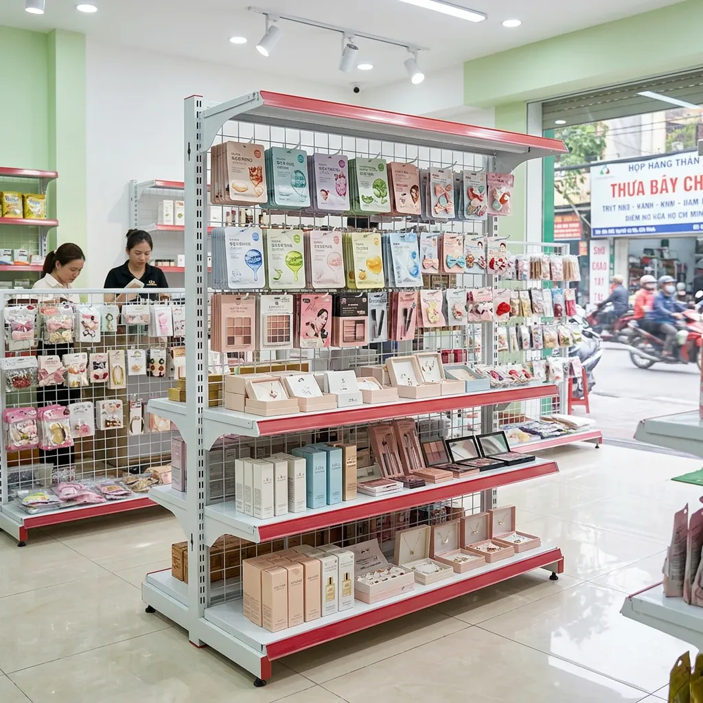 Kệ siêu thị lưng lưới treo móc trong shop mỹ phẩm phụ kiện tại Hà Nội