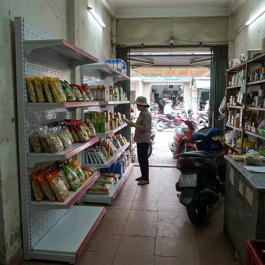 Kệ siêu thị đơn áp tường trong cửa hàng nhà ống mặt tiền hẹp ở Hà Nội
